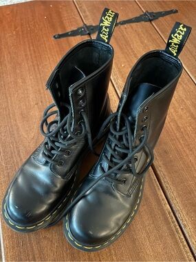 Dr. Martens Black Leather Lace-Up Boots with Yellow Stitching